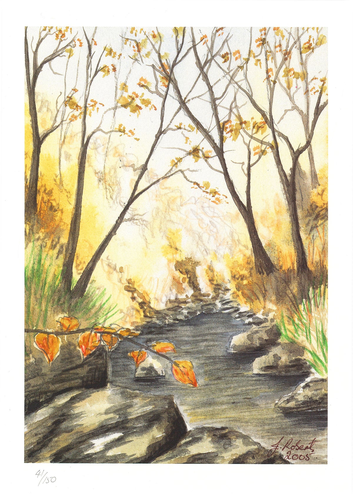 "Autumn Woodland Stream" Signed Limited edition watercolour lithographic print by Joanne Roberts.
The rich autumnal tones offer a cozy yet sophisticated focal point for bedrooms, offices, or living rooms.
Print Size: 7" x 9.5"