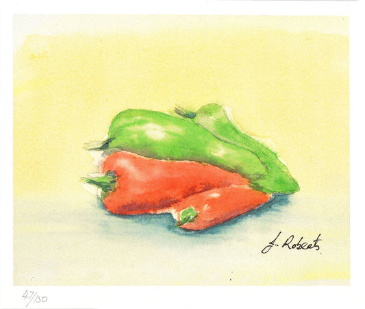 "Chilli Peppers" Signed Limited Edition Lithographic Print. Add a burst of vibrant energy to your kitchen walls with "Chilli Peppers", a stunning abstract watercolour art. Print Size 6" x 5"