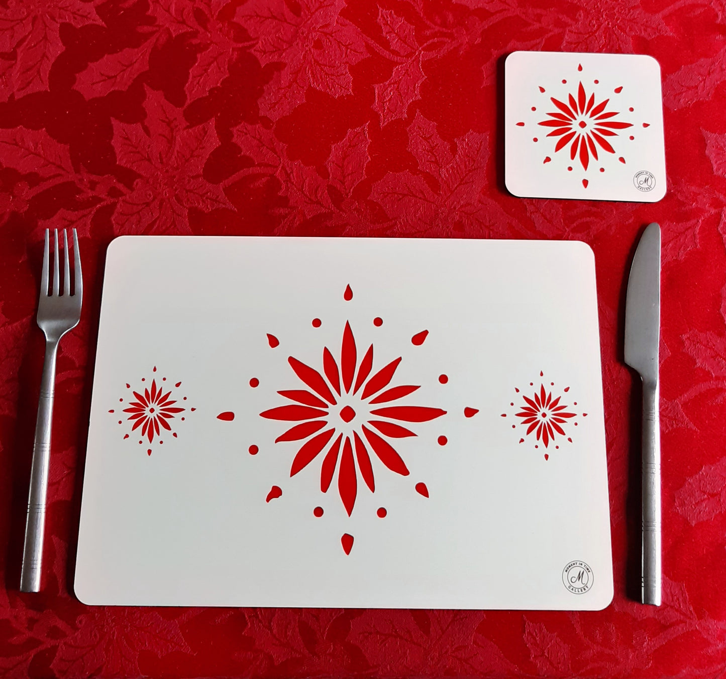 Single table and coaster mat set. Blue Flowerburst design. Heat resistant place mats.