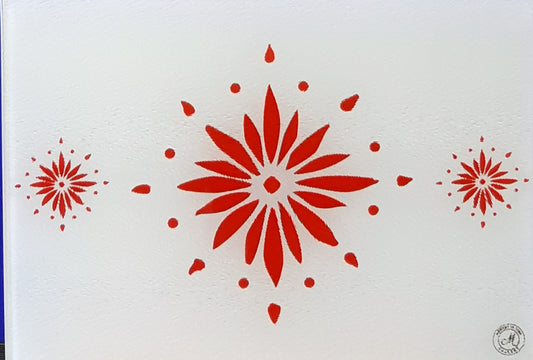 Decorative red flowerburst design on a white background. Heat resistant placemats.