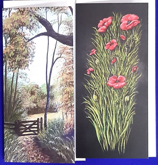 Mixed greetings cards, 1 Autumn Kissing Gate & 1 Poppies on Black