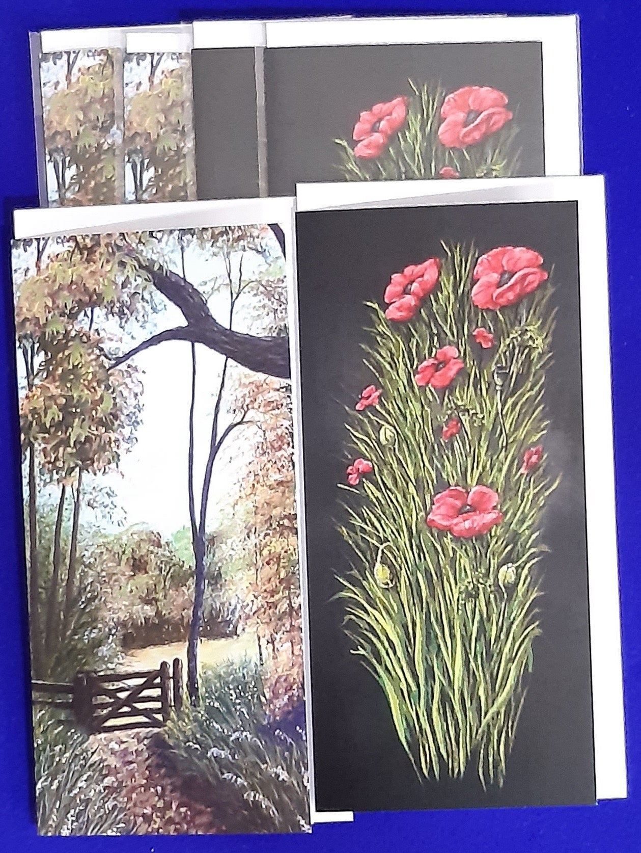 Mixed greetings cards, 3 Autumn Kissing Gate & 3 Poppies on Black