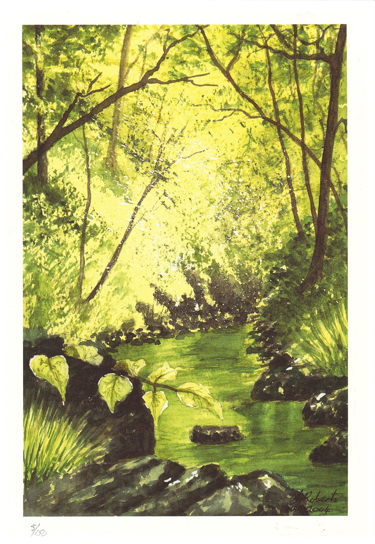 "Spring Woodland Stream" Signed Limited edition watercolour lithographic print by Joanne Roberts.
For anyone wishing to bring a breath of fresh UK countryside air into an office, living room, or cozy reading nook.
Print Size 5.5" x 10.5"