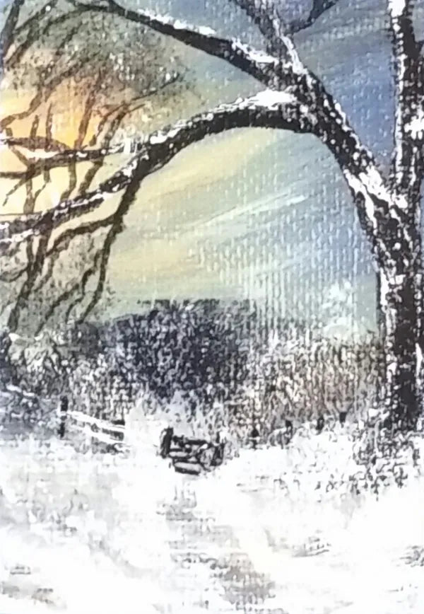 Christmas Gift Cards - Winter Linn Gate 1
Print of an original artwork by Joanne Roberts, View of a winter woodland walk with the kissing gate ahead to walk through. Single packs of 6 cards, folded vertically on the left, includes white envelope and cello packaging. Blank inside for your personal messages and memories to be added. Small cards