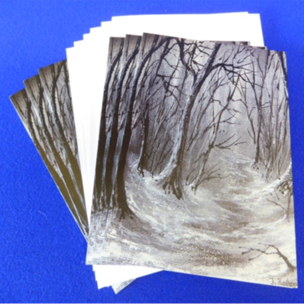 Christmas Card - Woodland Walk
Print of an original artwork by Joanne Roberts, View of a deep shady winter woodland walk. Packs of 6 or 12 cards, folded vertically on the left, includes white envelope and cello packaging. Blank inside for your personal messages and memories to be added. Size 5 x 7 inch