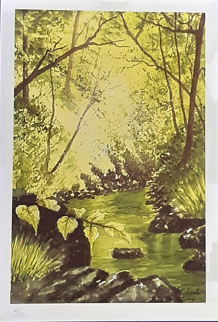 Limited edition watercolour lithographic print by Joanne Roberts. Titled - Spring Woodland Stream.
