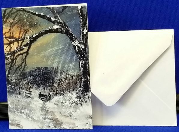 Christmas Gift Cards - Winter Linn Gate 1
Print of an original artwork by Joanne Roberts, View of a winter woodland walk with the kissing gate ahead to walk through. Single packs of 6 cards, folded vertically on the left, includes white envelope and cello packaging. Blank inside for your personal messages and memories to be added. Small cards