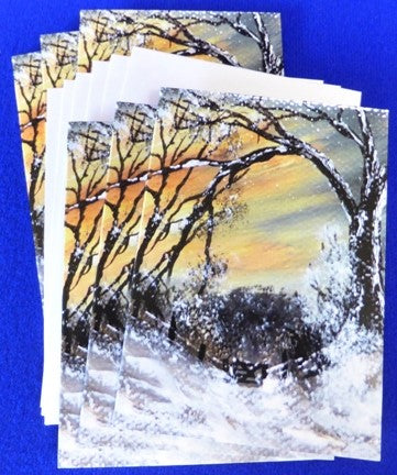 Christmas Gift Cards - Winter Linn Gate 2
Print of an original artwork by Joanne Roberts, View of a winter woodland walk with the kissing gate ahead to walk through. Single packs of 6 cards, folded vertically on the left, includes white envelope and cello packaging. Blank inside for your personal messages and memories to be added. Small cards