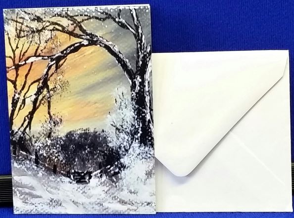 Christmas Gift Cards - Winter Linn Gate 2
Print of an original artwork by Joanne Roberts, View of a winter woodland walk with the kissing gate ahead to walk through. Single packs of 6 cards, folded vertically on the left, includes white envelope and cello packaging. Blank inside for your personal messages and memories to be added. Small cards