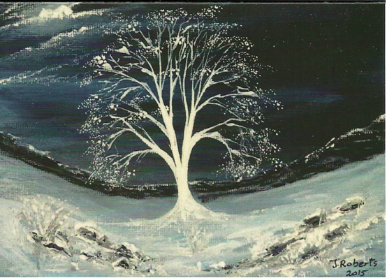 Christmas Card, "White Moonlit Sycamore"
Print of an original artwork by Joanne Roberts, Unique view of sycamore gap tree on Hadrians Wall in winter, in Northumberland, UK. Tree is painted white in the centre and set on a deep dark blue winter sky with the moon peeping through the clouds on the top left. Single card, folded vertically on the left, includes white envelope and cello packaging. Blank inside for your personal messages and memories to be added. Size 5" x 7"