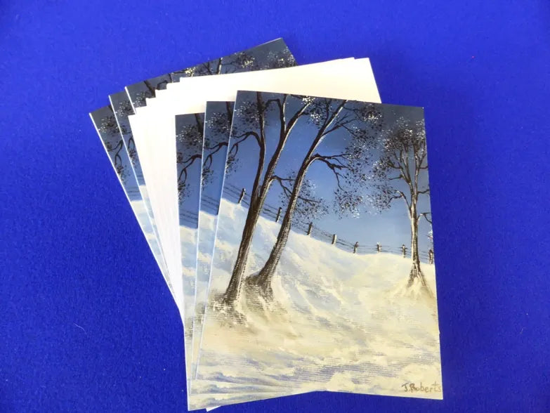 Christmas Card, Frosty Dawn
Print of an original artwork by Joanne Roberts, View of snow walk with a fence on the horizon line and trees, with wintery blue sky reflecting in the snow. Packs of 6 ur 12 cards, folded vertically on the left, includes white envelope and cello packaging. Blank inside for your personal messages and memories to be added. Size 5 x 7 inch
