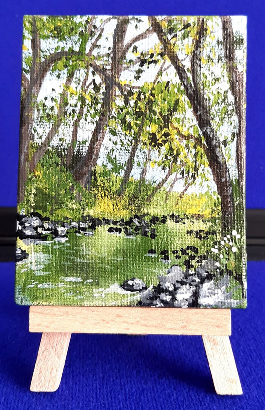 MTGU-3241 Original Artwork- mini easel and canvas - Woodland Stream.
