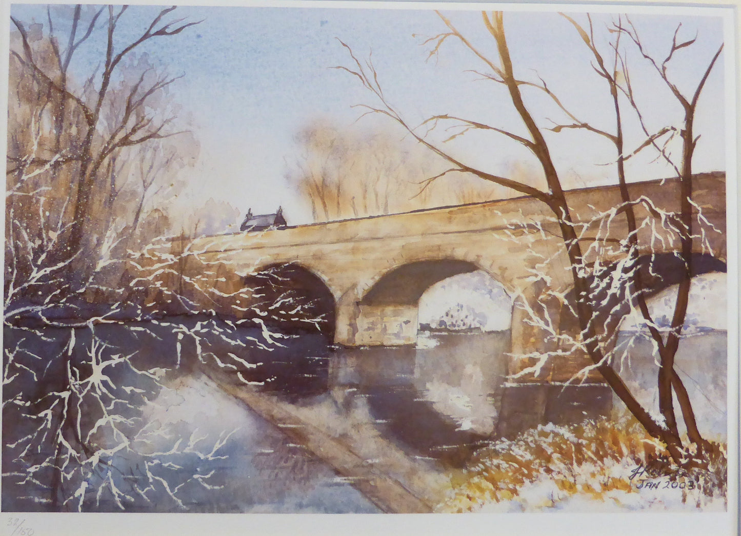 Limited edition watercolour lithographic print by Joanne Roberts. Titled - Winter Tyne Bridge