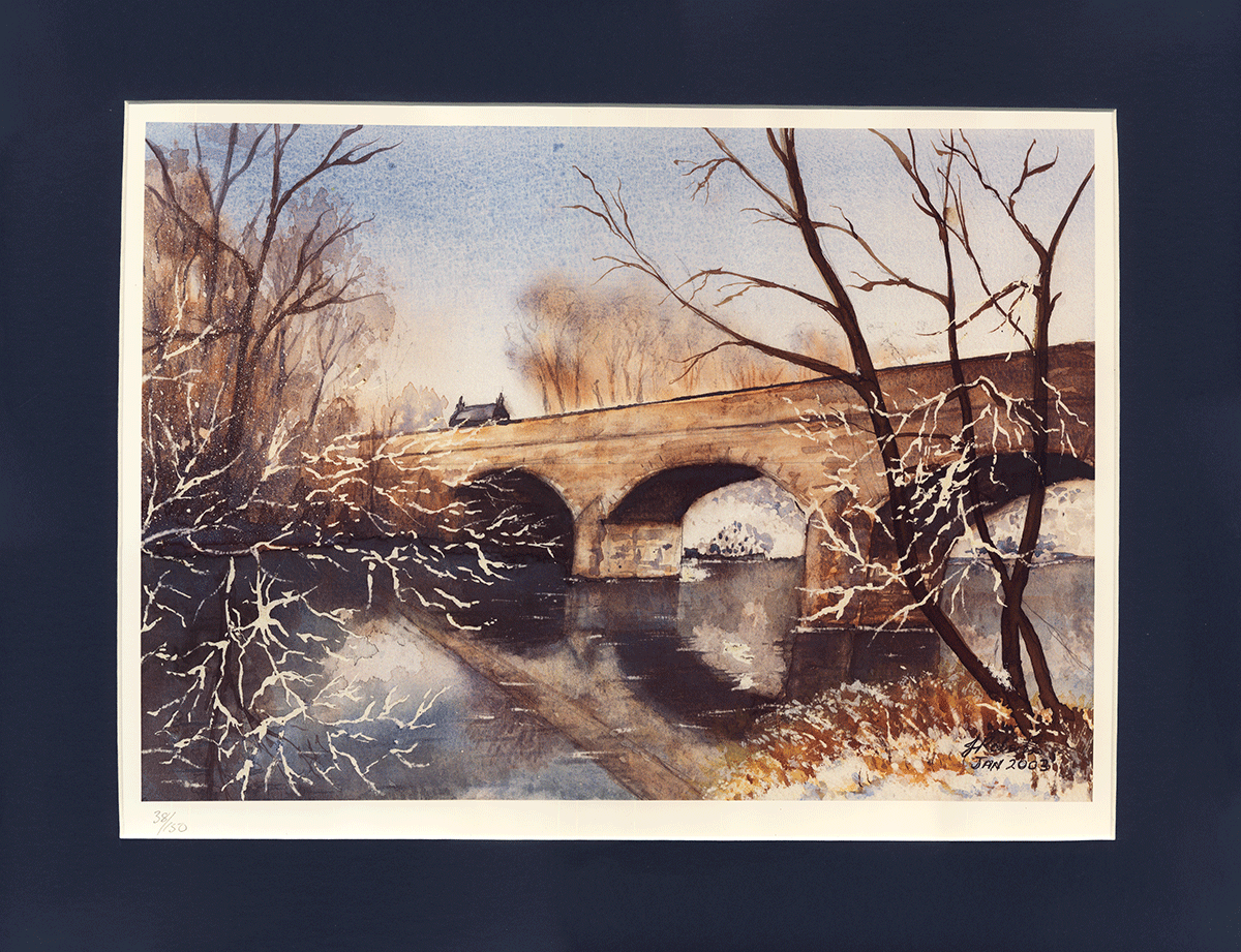 "Winter Tyne Bridge" is a stunning print of an original watercolour by artist Joanne Roberts. Inspired by a brisk, early morning walk along the riverside, beautifully captures the snow-dusted Tyne Bridge and the historic old toll house at Bellingham. 