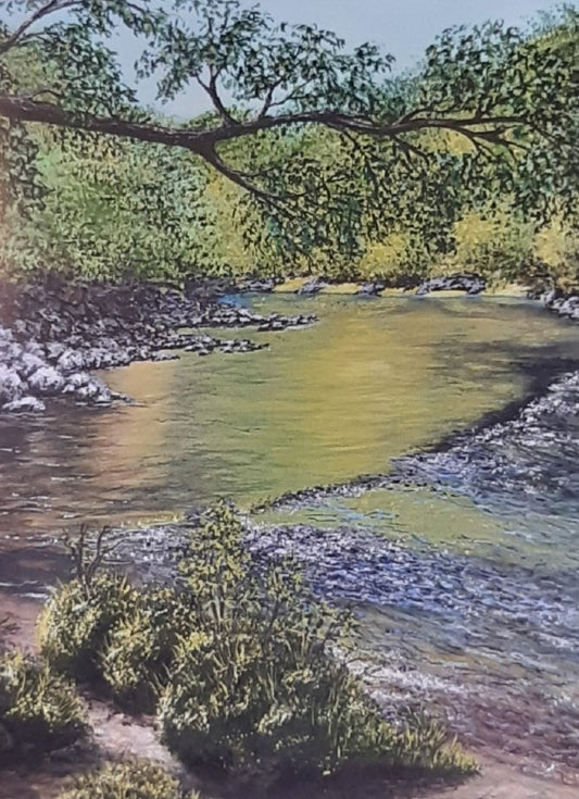 "Allenbank in Northumberland" was Inspired by a hidden gem of natural beauty in Northumberland, Joanne Roberts uses varying shades of summer greens to evoke the stillness of a woodland walk alongside the rippling waters. Whether you are sending a note to a fellow country walker or keeping a pack on hand for last-minute occasions, these cards bring a touch of the outdoors to every message.
Size 5" x 7" (A6) Envelope included and individually wrapped for protection.