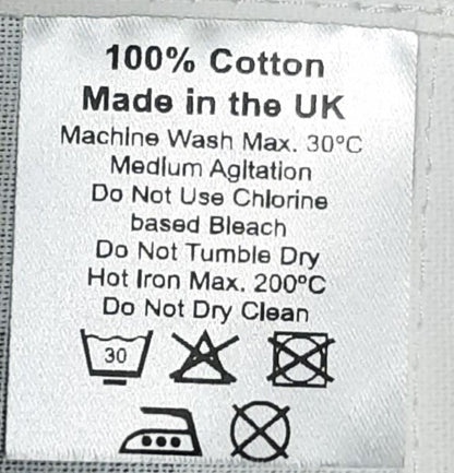 Beee Happy tea towel material details and wash label. 100% Cotton, made in the UK