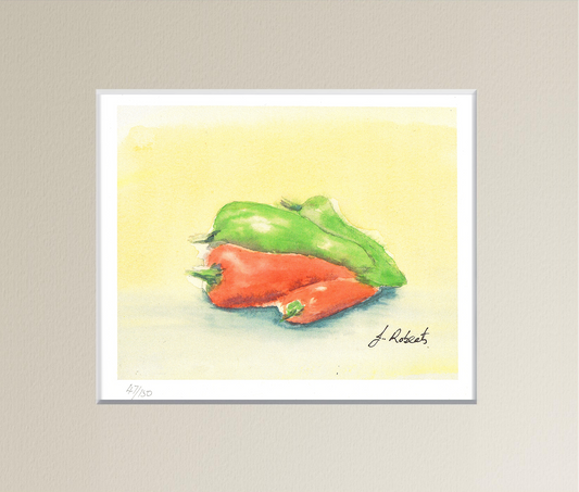 "Chilli Peppers" Signed Limited Edition Lithographic Print. Add a burst of vibrant energy to your kitchen walls with "Chilli Peppers", a stunning abstract watercolour art. Print Size 6" x 5" plus 2" Cream Mount.