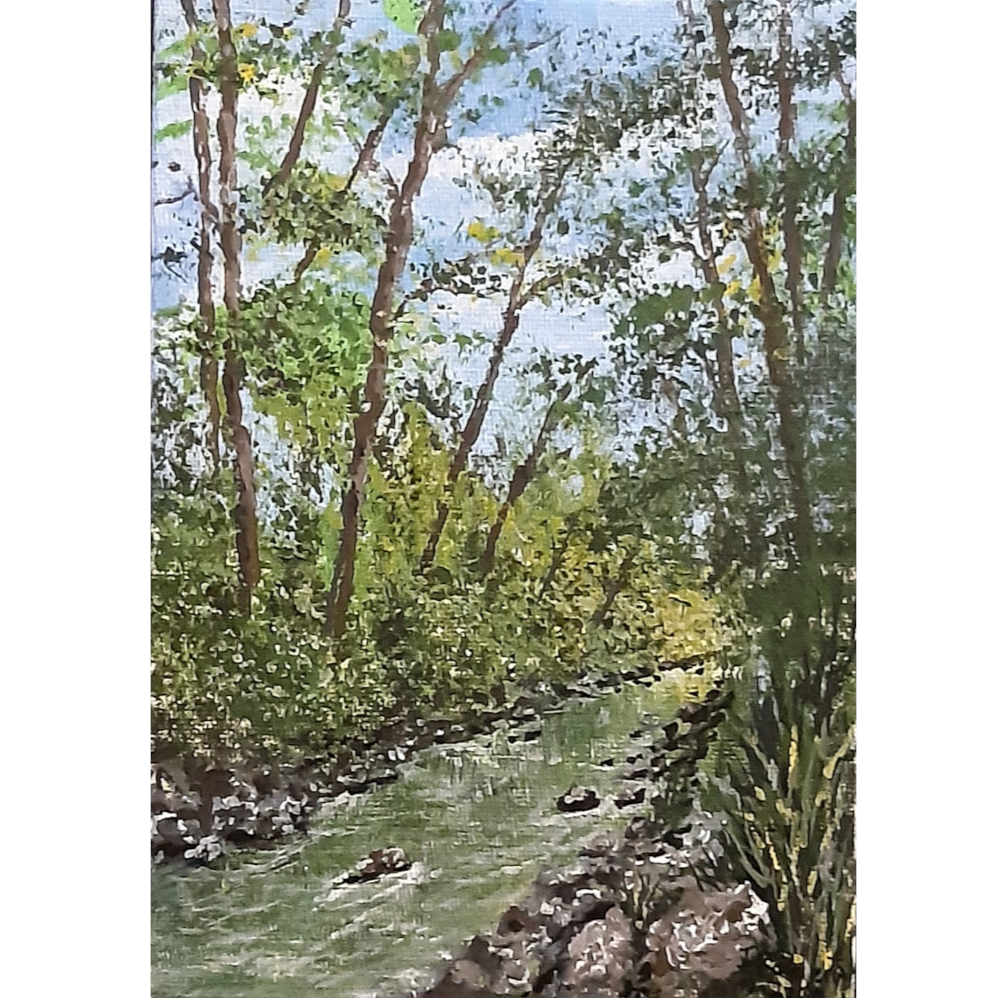 Woodland Stream | Original Gouache Painting on Canvas by Joanne Roberts.
Description: Woodland Stream is an original, hand-signed painting capturing the cool, tranquil atmosphere of Northumberland’s famous Hareshaw Linn.
Painted in rich gouache and finished with a durable varnish to protect the artwork, this portrait piece brings the calming essence of nature directly into your living space. At a versatile 5" x 7" size, it arrives ready to hang as a standalone statement or a fine addition to your gallery.