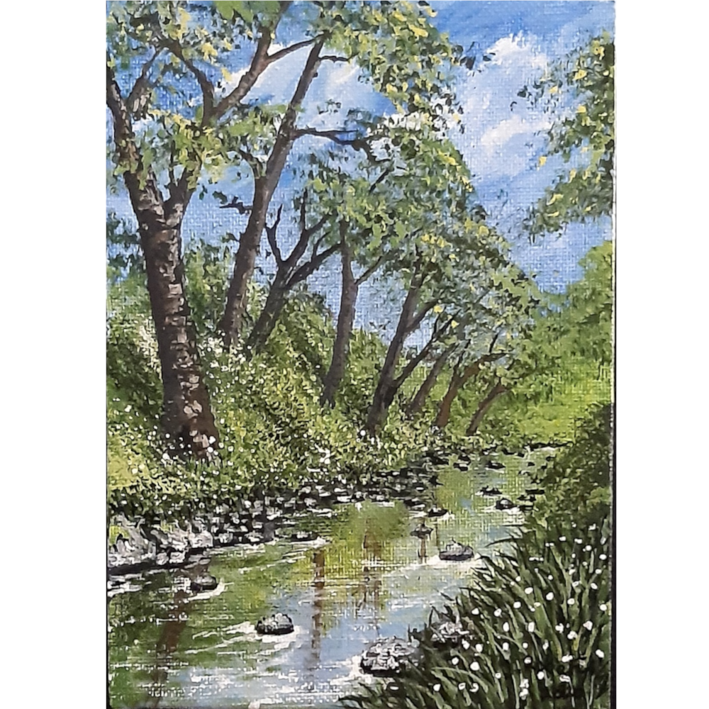 Woodland Stream – Original Signed Gouache Painting (5" x 7")
Description:
Bring the serene, cool beauty of the British countryside into your home with Woodland Stream, an exclusive signed original artwork.
Inspired by the hidden, mossy havens of Hareshaw Linn in Northumberland, this piece captures the quiet charm and refreshing atmosphere of a sun-dappled, shady stream. Hand-painted in rich gouache on canvas and sealed with a protective varnish finish, it offers a vibrant piece of fine art, Postcard size.