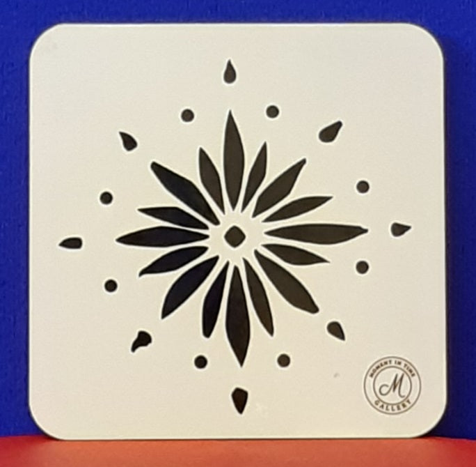 Square coaster with blue flowerburst design on a white background, featuring a brand logo in the corner. Heat resistant coaters.