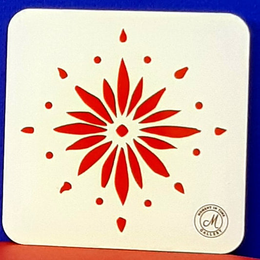 Square coaster with red flowerburst design on a white background, featuring a brand logo in the corner. Heat resistant coaters.