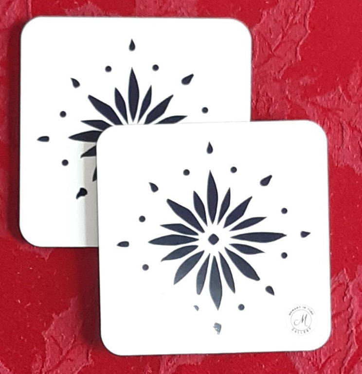 Twin set square coaster with blue flowerburst design on a white background, featuring a brand logo in the corner. Heat resistant coaters.