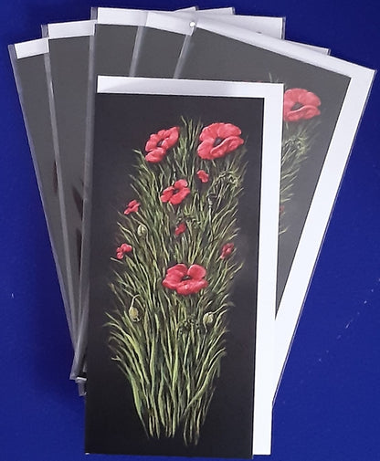 Poppies on Black | Slimline Fine Art Greeting Card. Make a bold statement with "Poppies on Black," a striking greeting card featuring original artwork by artist Joanne Roberts. Pack of 6 or 12 greetings cards,Blank inside for personal touch.