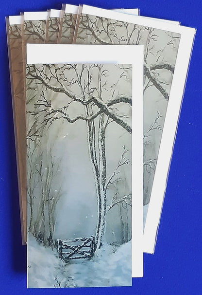 Christmas cards. Winter Kissing Gate. MTGP-2050  Pack size x6 or x12 cards.  Tall slim card, folded vertically on the left, includes white envelope and cello packaging. Blank inside for your personal messages and memories to be added. 