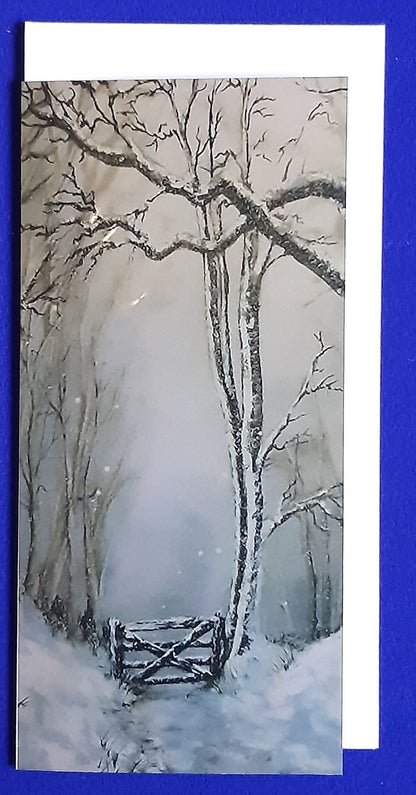 Christmas cards. Winter Kissing Gate. MTGP-2050  Tall slim single card, folded vertically on the left, includes white envelope and cello packaging. Blank inside for your personal messages and memories to be added. 