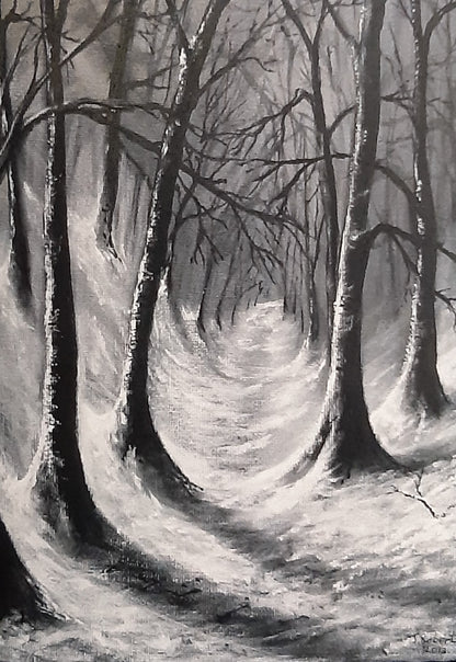 Christmas cards. Woodland Trail MTGP-2057. An atmospheric view of a deep woodland snowy trail in varying shades of bluey greys and casting shadows on the ground. Single card, folded vertically on the left, includes white envelope and cello packaging. Blank inside for your personal messages and memories to be added, Size 5 x 7 inch