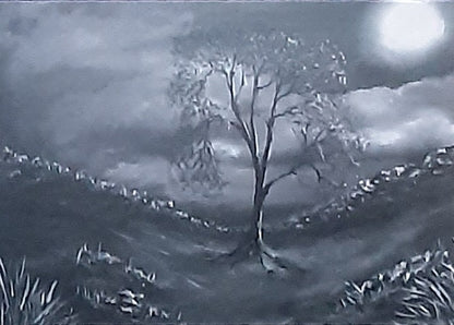 MTGP-2065 Moonlit Sycamore Gap. Card print of original artwork by Joanne Roberts. Atmospheric view of Sycamore Gap tree on Hadrians Wall in Northumberland UK. Single card, folded horizontally on the top, blank inside for your personal messages and memories to be added,. Includes white envelope and cello packaging. Size 5 x 7 inch