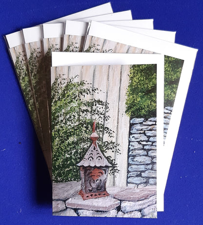 "Garden Lantern original art greeting card by Joanne Roberts, Northumberland scenery." Packs of 6 or 12 card prints of original artwork. Size  A6 greeting cards.