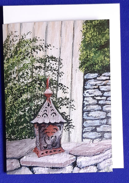 "Garden Lantern original art greeting card by Joanne Roberts, Northumberland scenery." Card print of original artwork. Single card. Size A6 greeting cards.