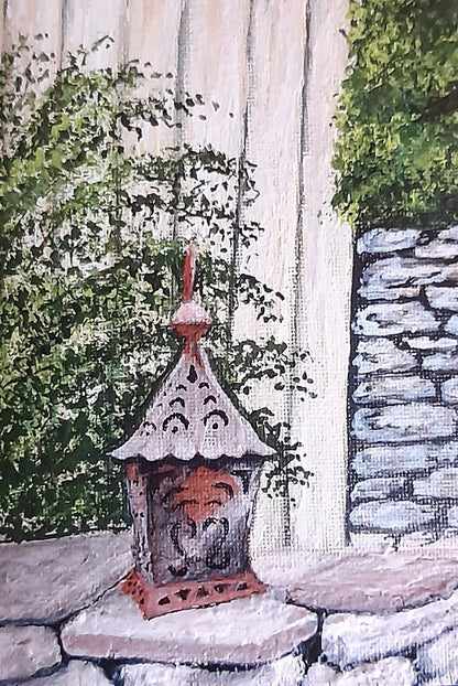"Garden Lantern original art greeting card by Joanne Roberts, Northumberland scenery." Single card, print of original artwork. Size A6 greeting cards.