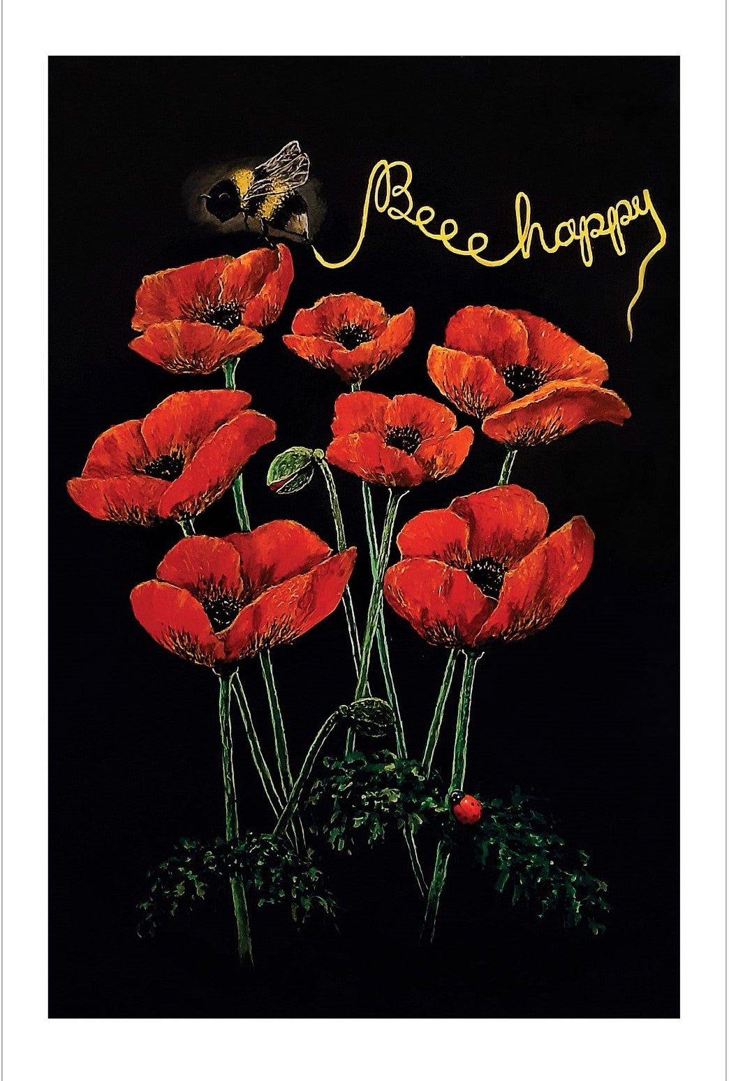 "Beee Happy" Luxury Cotton Tea Towels - A digital print of an original artwork by Joanne Roberts, on 100% cotton tea towels. Rich vibrant red poppies set on a contrasting black background, with a honey bee inscribing the words "Beee Happy" in gold above; and a ladybird resting on a leaf below the poppies. Tea Towel size 17" x 29" Including white border edge. 