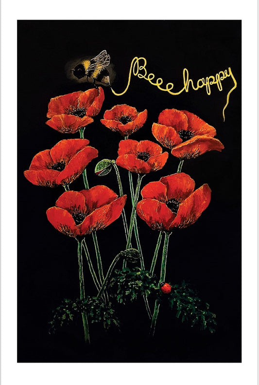 "Beee Happy" Luxury Cotton Tea Towels - A digital print of an original artwork by Joanne Roberts, on 100% cotton tea towels. Rich vibrant red poppies set on a contrasting black background, with a honey bee inscribing the words "Beee Happy" in gold above; and a ladybird resting on a leaf below the poppies. Tea Towel size 17" x 29" Including white border edge. 