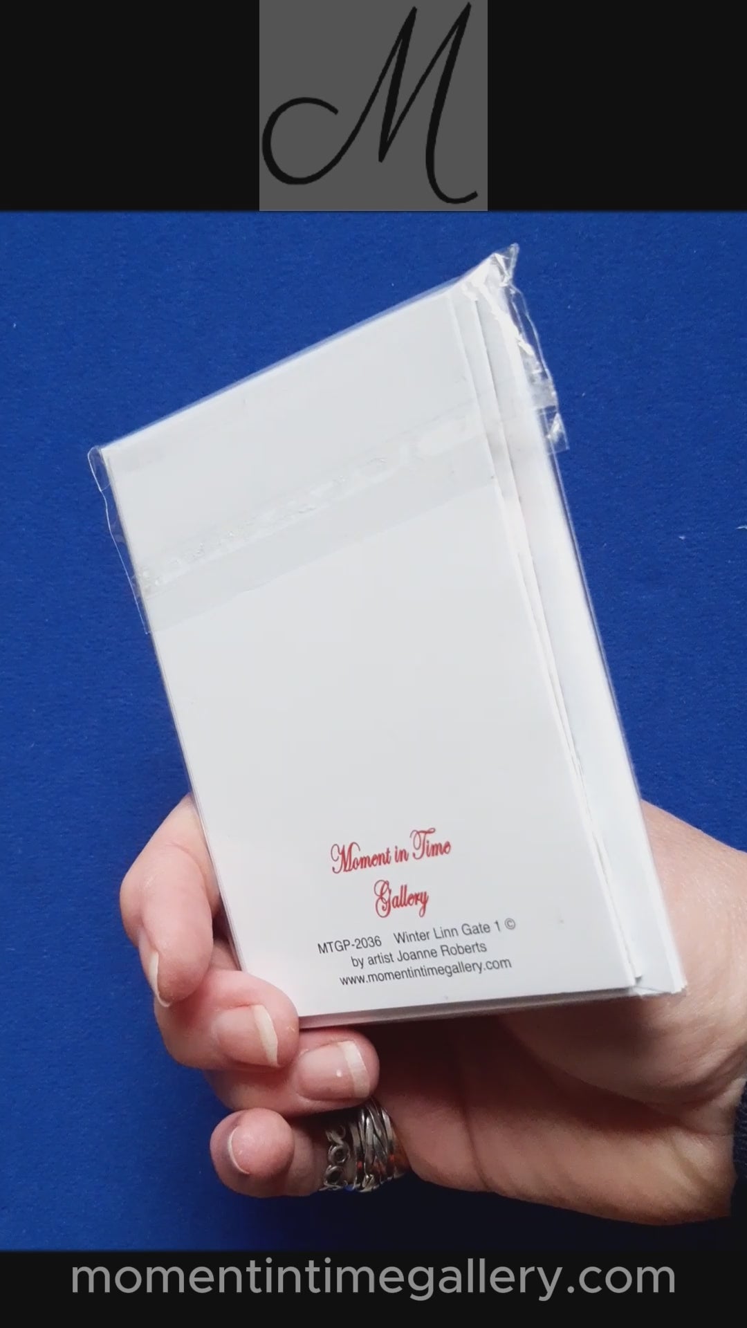 Video of cards - Winter Linn Gate 1
Print of an original artwork by Joanne Roberts, View of a winter woodland walk with the kissing gate ahead to walk through. Single packs of 6 cards, folded vertically on the left, includes white envelope and cello packaging. Blank inside for your personal messages and memories to be added. 