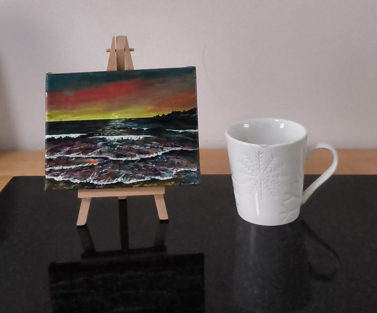 Medium Easel -  Dawn Seascape - Original Mini Gouache Painting with Display Easel