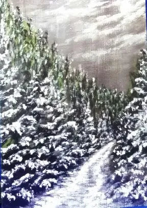 Christmas Card, Moonlit Forest Trail
Print of an original artwork by Joanne Roberts,  View of the winter heavy snow laden forest trail, moon is peeping through the clouds on the top right.  Single card, folded vertically on the left, includes white envelope and cello packaging. Blank inside for your personal messages and memories to be added. Size 5 x 7 inch