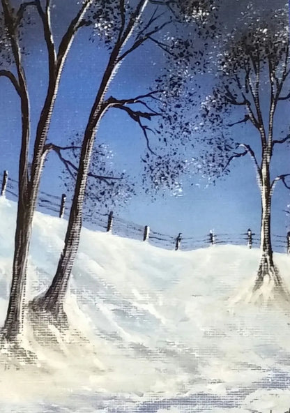 Christmas Card, Frosty Dawn
Print of an original artwork by Joanne Roberts,  View of snow walk with a fence on the horizon line and trees, with wintery blue sky reflecting in the snow.   Single card, folded vertically on the left, includes white envelope and cello packaging. Blank inside for your personal messages and memories to be added. Size 5 x 7 inch