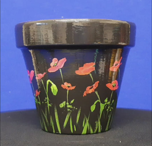 Original garden art, plant pot - Poppies on Black