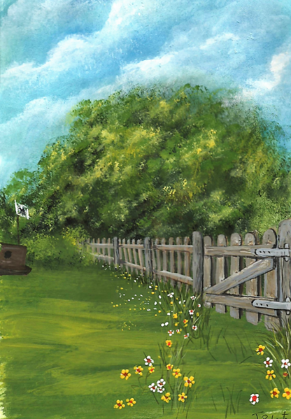Florence and Humphrey go Monster Hunting Childrens book - A sensory adventure. Garden gate illustration in the imaginary world of Florence and Humphrey.