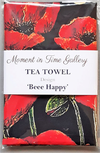 Beee Happy tea towel front packaging view. 100% Cotton tea towel.