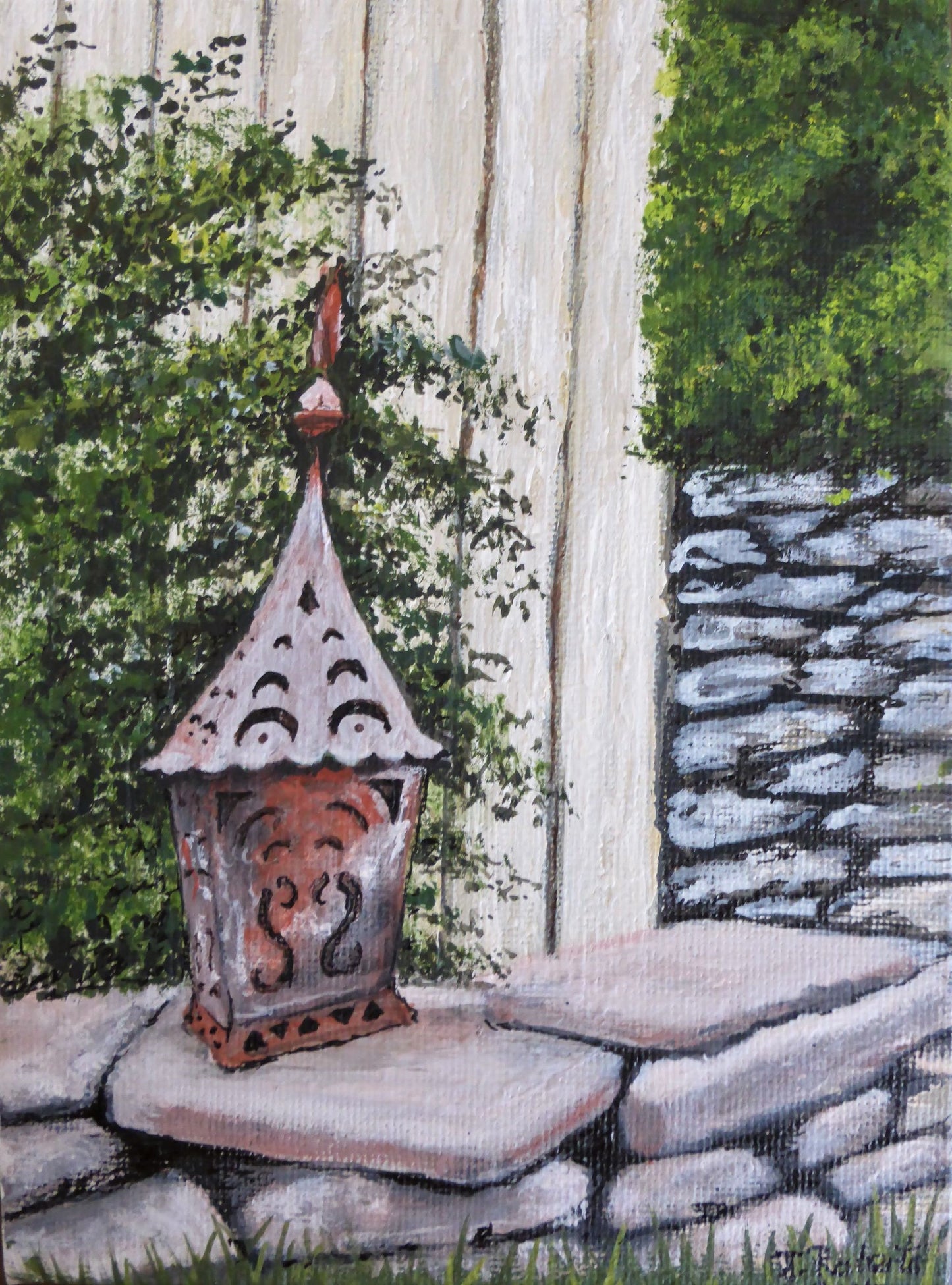 MYGC-0041 Original hardboard canvas artwork, post card size - Garden Lantern 2. 5x7 inches