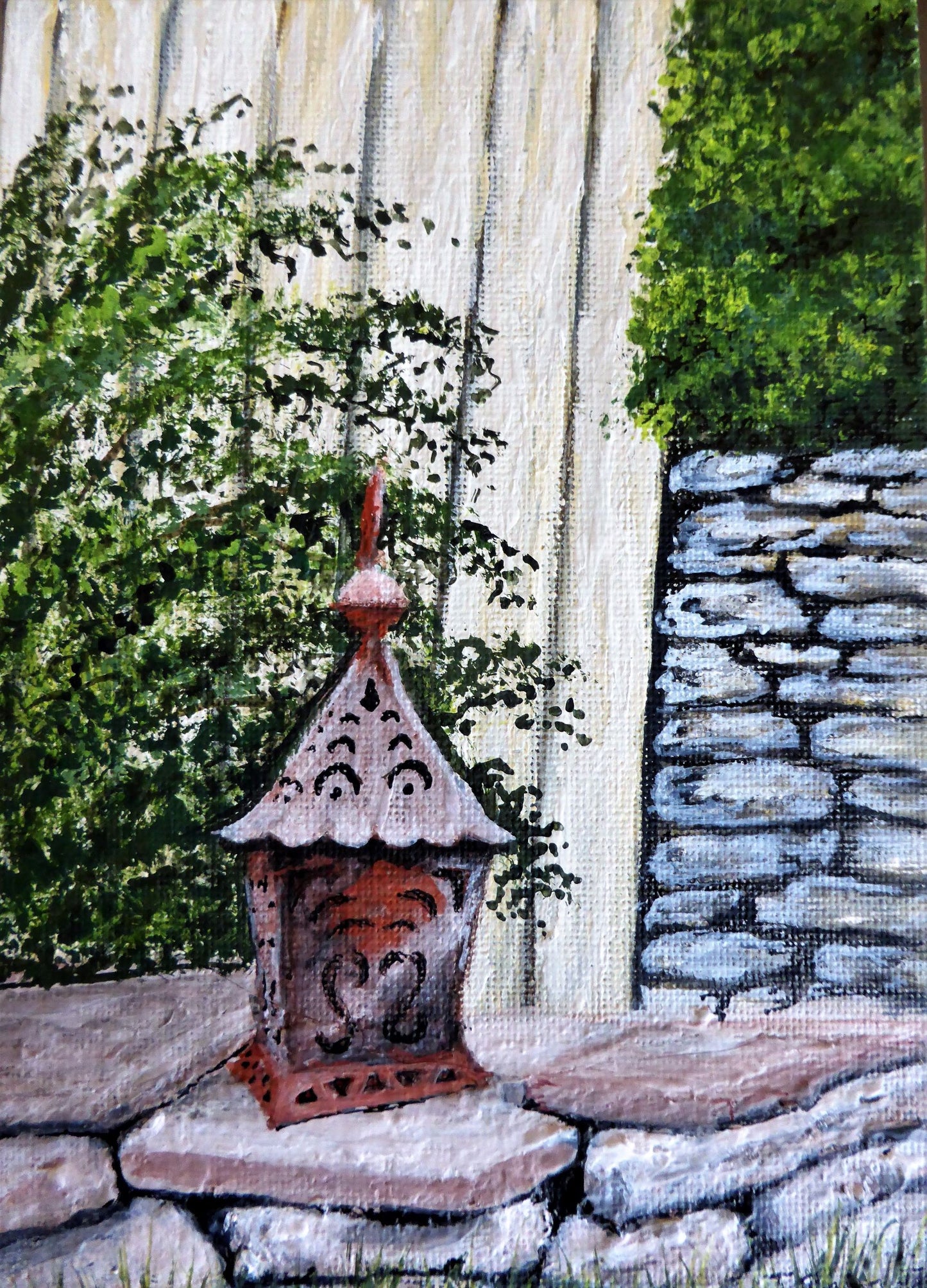 MTGC-0042 Original hardboard canvas artwork, postcard canvas - Garden lantern 3 at Falstone barns 5x7 inches