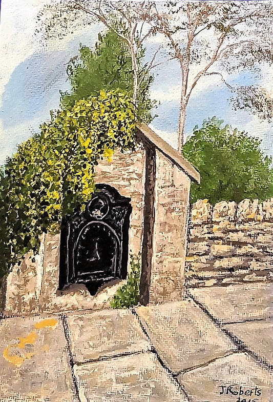 MTGC-0084 Original hardboard canvas artwork, postcard canvas - Victorian fountain in Falstone  5x7 inchesvillage