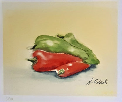 Limited edition watercolour lithographic print by Joanne Roberts. Titled - Chilli Peppers