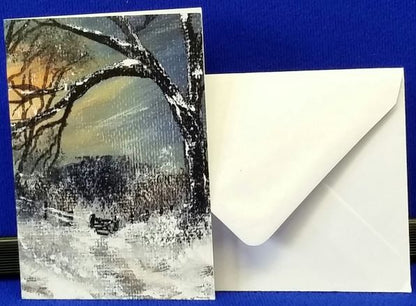 Christmas Gift Cards - Winter Linn Gate 1
Print of an original artwork by Joanne Roberts, View of a winter woodland walk with the kissing gate ahead to walk through. Single packs of 6 cards, folded vertically on the left, includes white envelope and cello packaging. Blank inside for your personal messages and memories to be added. Small cards