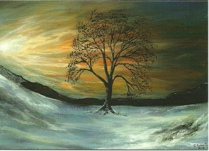 Christmas or Greeting Card, "Sunset Sycamore" View of a snowy sunset at sycamore gap on Hadrians Wall in Northumberland UK. Folded horizontally at the top. blank inside for your personal messages and memories to be added. Includes white envelope and cello packaging, size A5, 5x7 inch in Northumberland UK