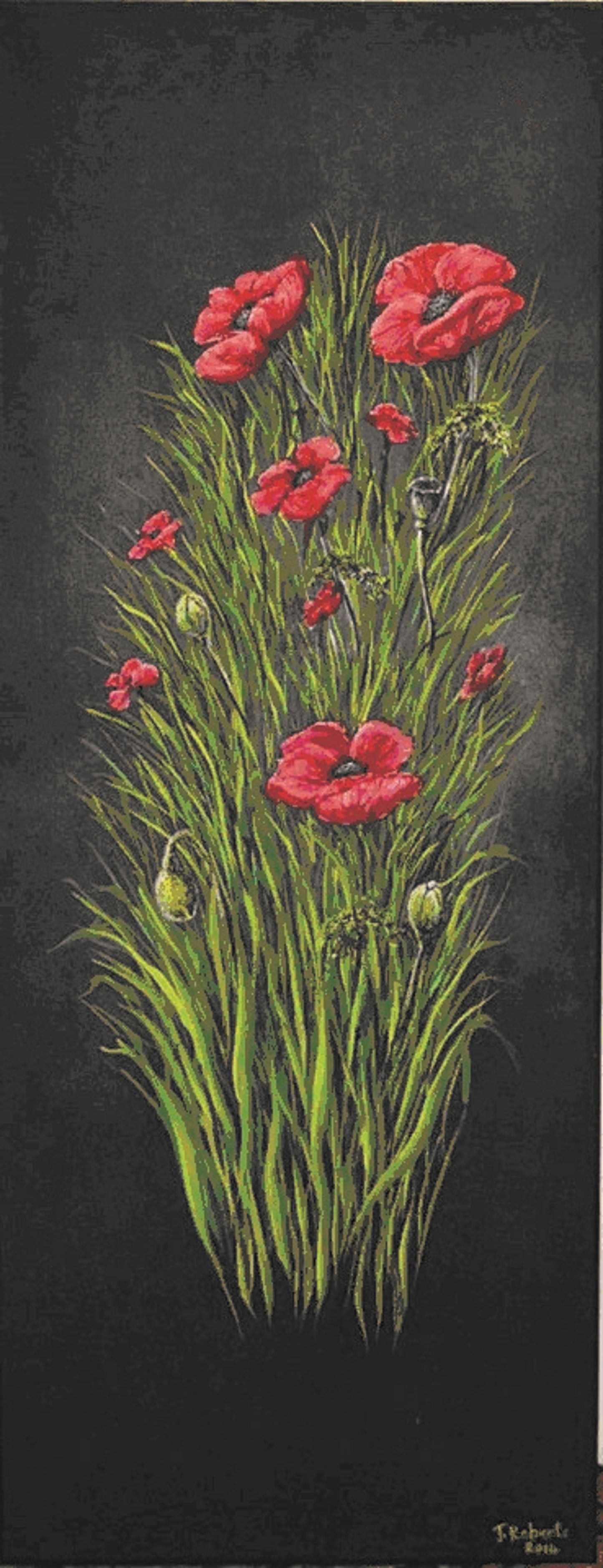 Poppies on Black | Slimline Fine Art Greeting Card. Make a bold statement with "Poppies on Black," a striking greeting card featuring original artwork by artist Joanne Roberts. Blank inside for personal touch. 
